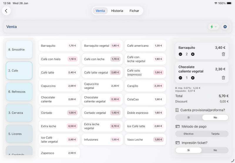 Pantalla de venta de Vendenius en el iPad