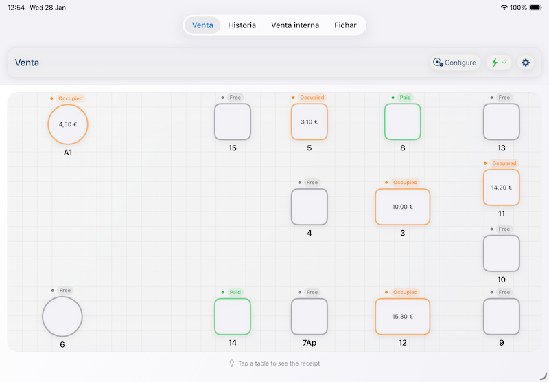 Pantalla de plano de mesas en iPad